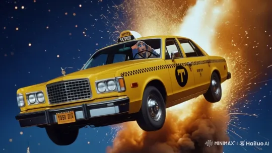 Yellow Taxi Flees Police in Dynamic Sky Chase – AI Generated Video | Hailuo AI