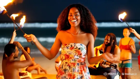 Joyful Woman Dancing on Tropical Beach at Night – AI Generated Video | Hailuo AI