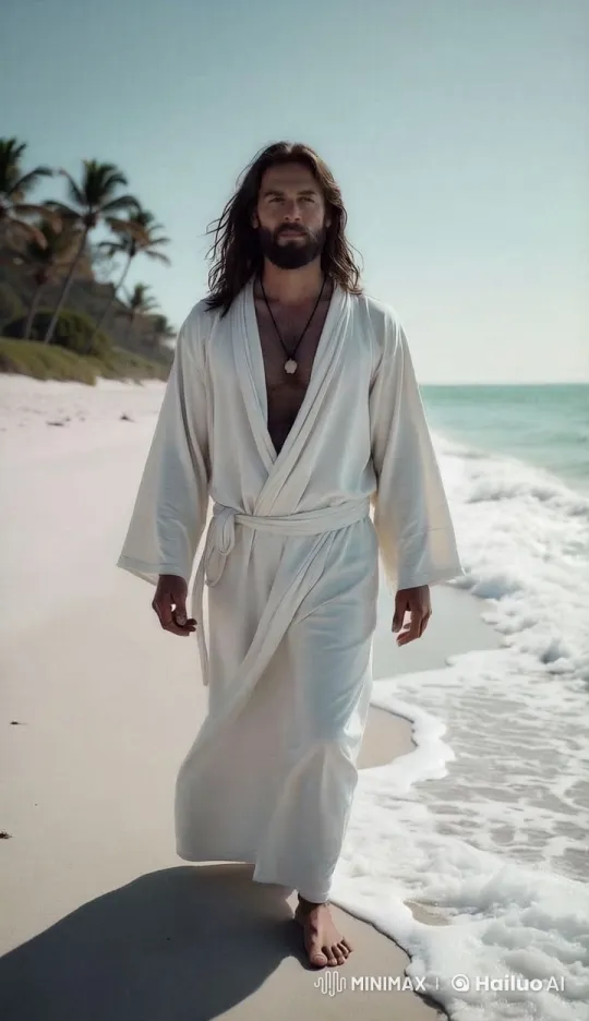 Jesus Strolls Tranquilly on a Serene Beach – AI Generated Video | Hailuo AI