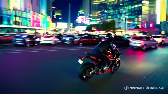 Biker's Evening Ride Through Vibrant Cityscape – AI Generated Video | Hailuo AI