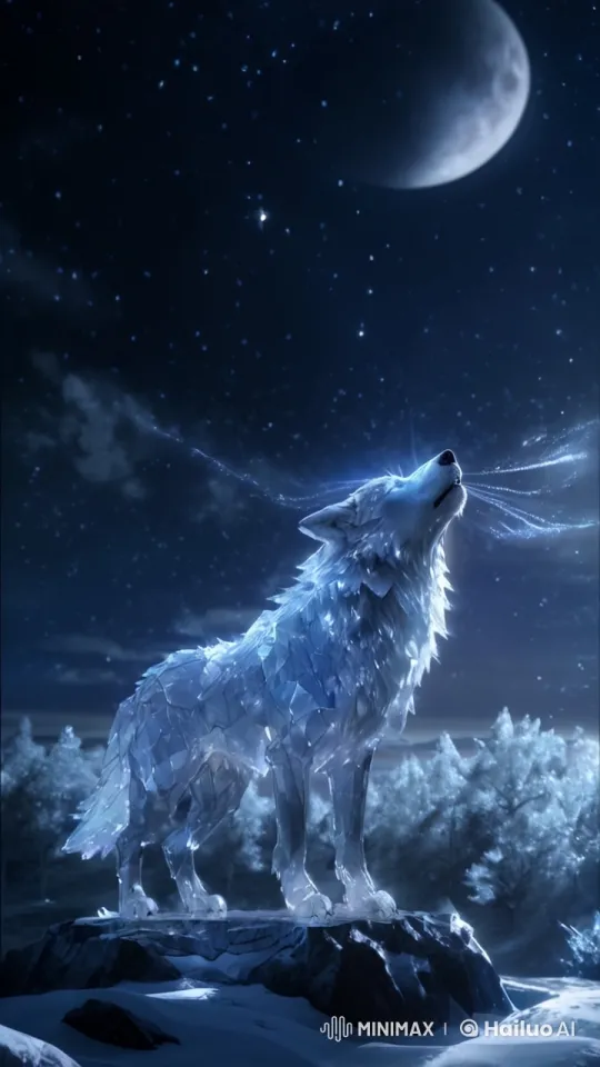 Crystal Wolf Glows Under Enchanted Night Sky – AI Generated Video | Hailuo AI