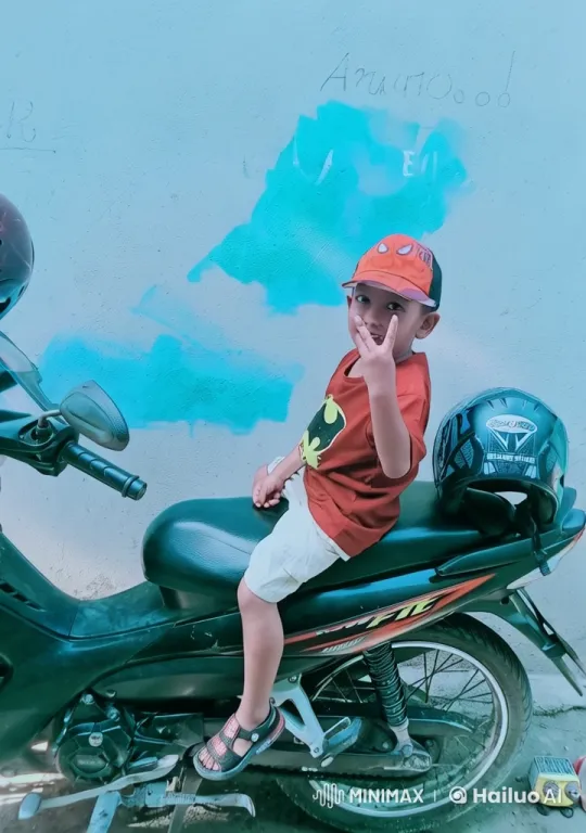 Child on Motorcycle with Superhero Cap in Playful Setting – AI Generated Video | Hailuo AI