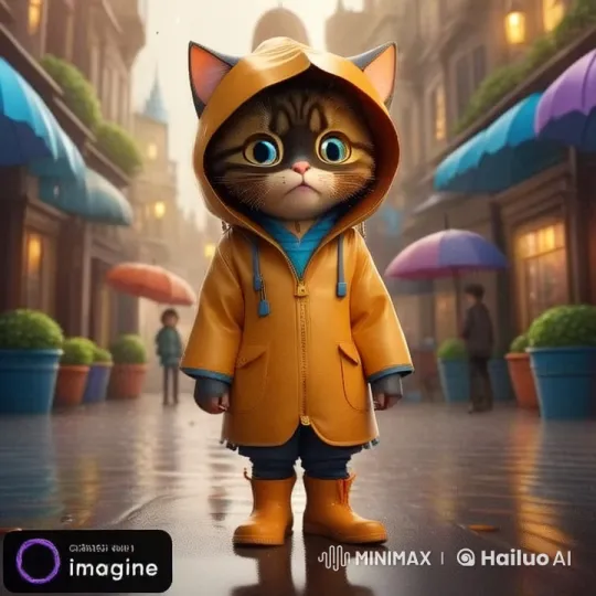 Animated City Street: Curious Cat in Yellow Raincoat – AI Generated Video | Hailuo AI