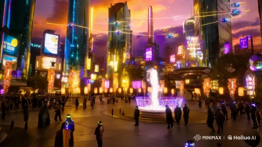 Futuristic Cityscape at Sunset with Dynamic Light Effects – AI Generated Video | Hailuo AI