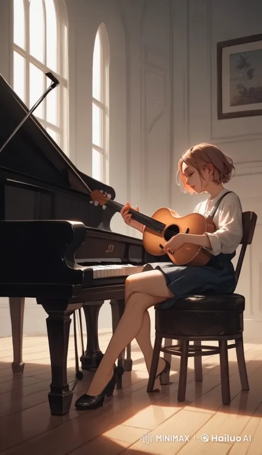 Young Woman Playing Guitar in Sunlit Room – AI Generated Video | Hailuo AI