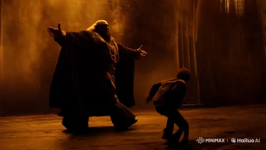 Dramatic Encounter: Large Figure Commands, Small Man Escapes – AI Generated Video | Hailuo AI