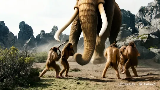 Neanderthals vs. Mammoth: Primal Struggle in Prehistoric Landscape – AI Generated Video | Hailuo AI