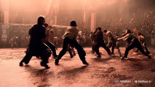 Aesthetic Kungfu Fight in Dynamic Arena with Rain – AI Generated Video | Hailuo AI