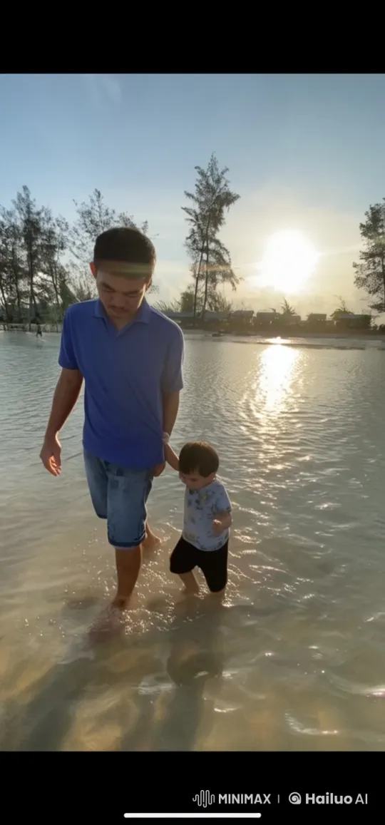 Evening Stroll: Man and Child Walk Through Golden Waters – AI Generated Video | Hailuo AI