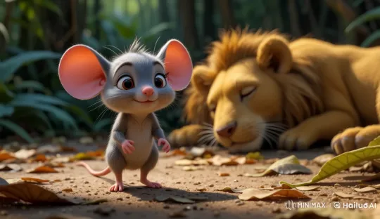 Curious Mouse Approaches Sleeping Lion in Vibrant Jungle – AI Generated Video | Hailuo AI