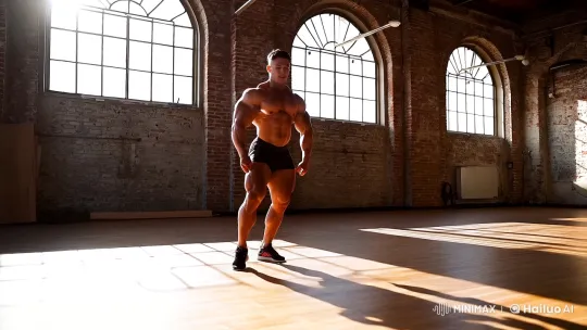 Bodybuilder Showcases Physique in Artistic Gym Setting – AI Generated Video | Hailuo AI