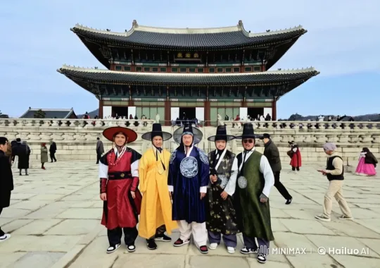 Traditional Korean Martial Arts Display in Front of Ancient Palace – AI Generated Video | Hailuo AI