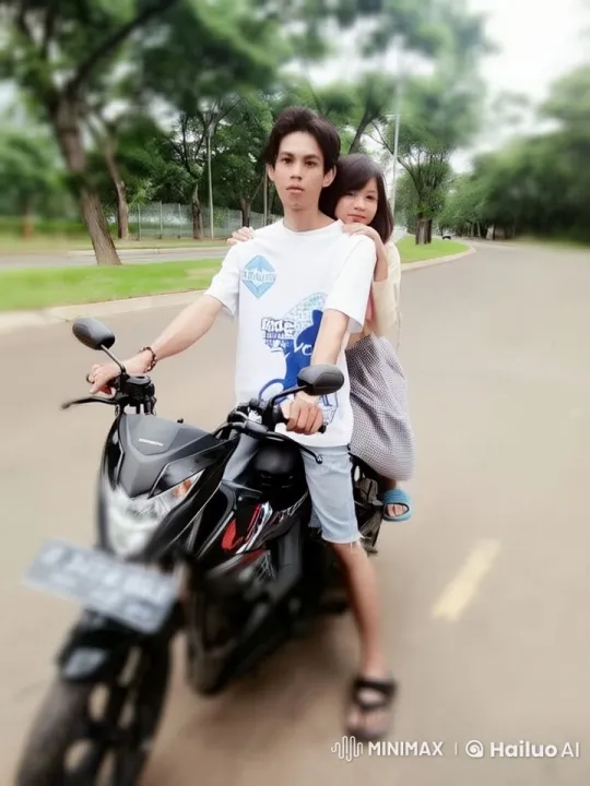 Couple Joyfully Jumps on Stationary Motorcycle in Suburban Setting – AI Generated Video | Hailuo AI