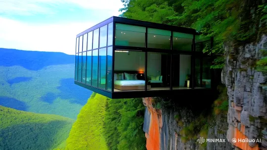 Modern Glass Bedroom Overlooks Majestic Mountain Forest – AI Generated Video | Hailuo AI