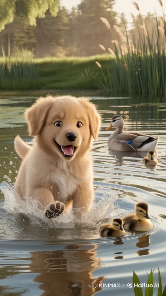 Golden Retriever Puppy Plays with Ducklings in Serene Pond – AI Generated Video | Hailuo AI