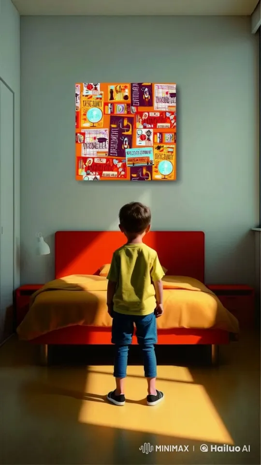 Child Examines Educational Painting in Bright Bedroom – AI Generated Video | Hailuo AI