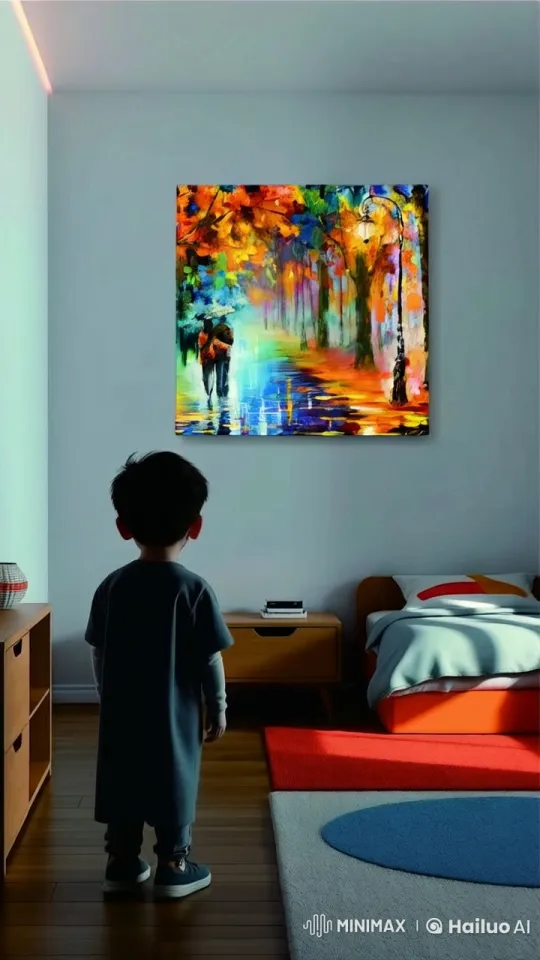 Child Approaches Autumn Painting in Cozy Bedroom – AI Generated Video | Hailuo AI