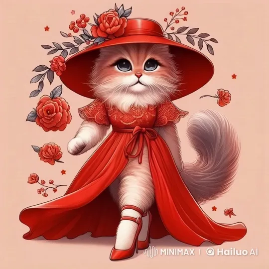 Cat in Red Dress Walks Through Festive Party – AI Generated Video | Hailuo AI