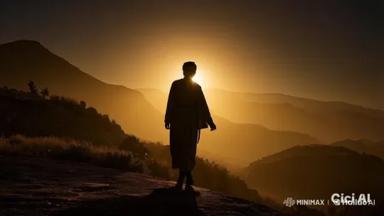 Boy in Traditional Attire Walks Through Sunrise-Lit Mountains – AI Generated Video | Hailuo AI