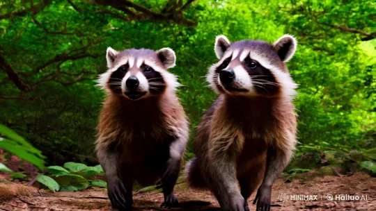 Raccoons Converse in Lush Forest's Light and Shadow – AI Generated Video | Hailuo AI