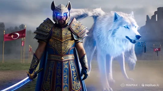 Turkish Warrior and Mythical Wolf Spirit on a Misty Battlefield – AI Generated Video | Hailuo AI