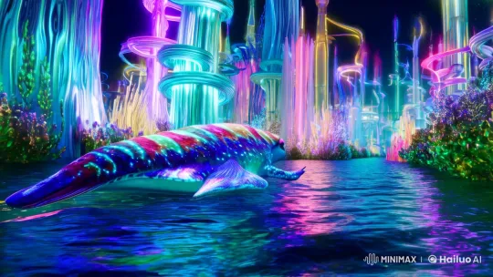 Alien Creature Glides Through Neon Underwater City – AI Generated Video | Hailuo AI