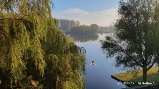 Tranquil Lakeside Morning with Swimmer – AI Generated Video | Hailuo AI