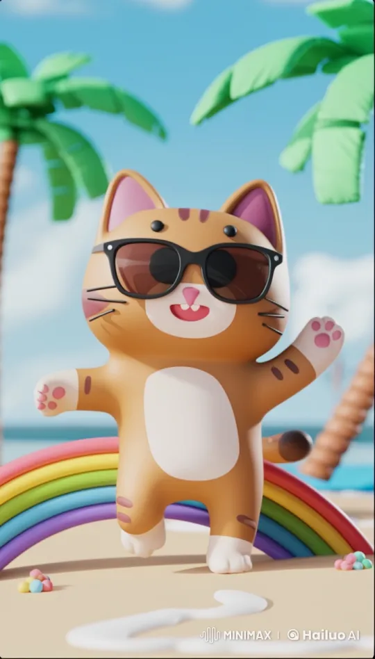 Animated Cat on Beach with Quirky Actions and Humor – AI Generated Video | Hailuo AI
