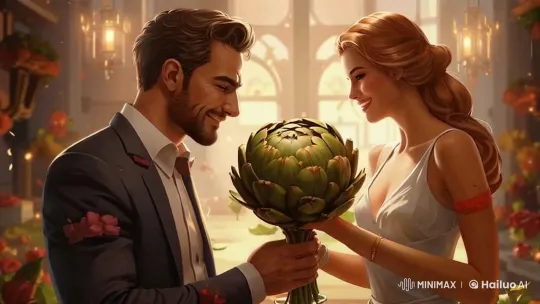 Romantic Couple Shares Intimate Moment with Artichoke Symbolism – AI Generated Video | Hailuo AI