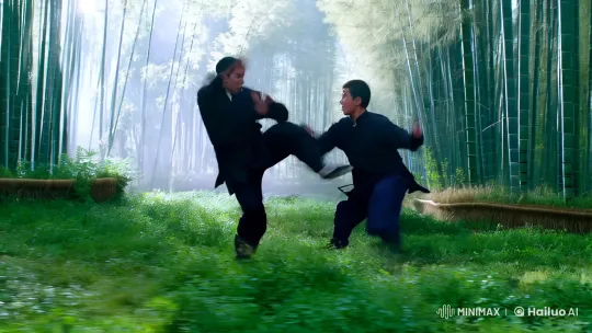 Martial Artists Engage in Graceful Kung Fu Duel in Bamboo Forest – AI Generated Video | Hailuo AI