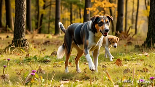 Autumn Forest Play: Two Dogs Spar in Sunlight – AI Generated Video | Hailuo AI