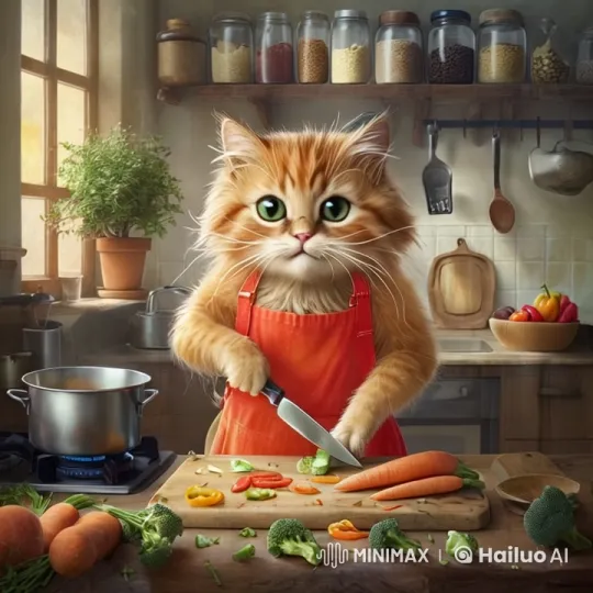 Cheerful Cat Cooks Vibrant Veggie Dish – AI Generated Video | Hailuo AI