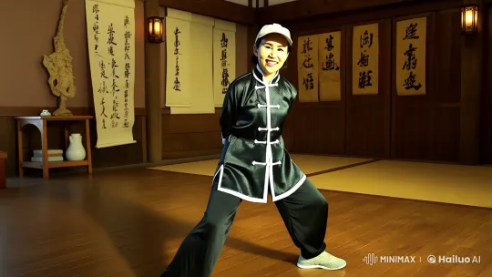 Woman Practicing Kung Fu in Traditional Dojo – AI Generated Video | Hailuo AI