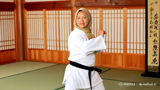 Woman Practicing Kung Fu in a Traditional Dojo – AI Generated Video | Hailuo AI