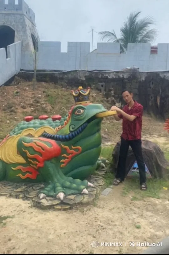 Kung Fu Practitioner Battles Giant Decorated Frog Statue – AI Generated Video | Hailuo AI