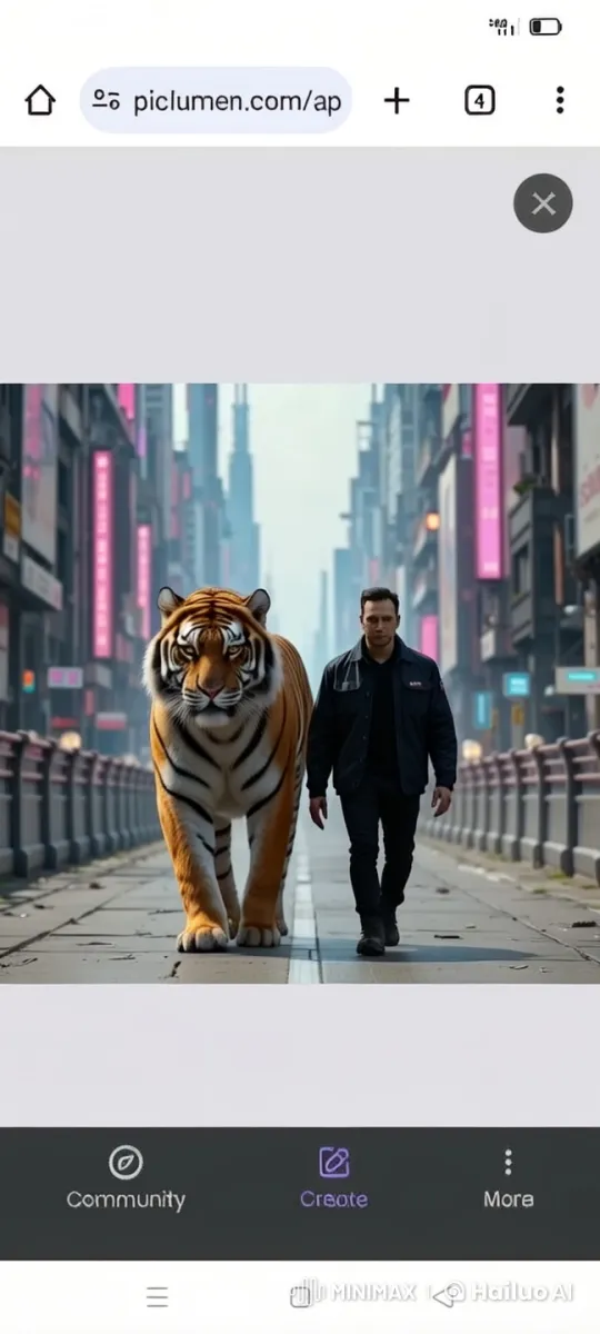 Human and Tiger Stroll Calmly Through Bustling Cityscape – AI Generated Video | Hailuo AI
