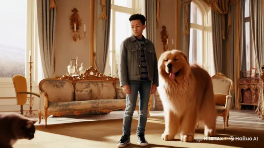 Young Man Interacts with Massive Cat and Dog in Elegant Room – AI Generated Video | Hailuo AI