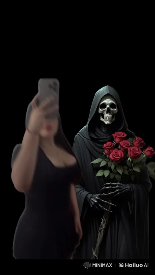 Woman and Hooded Figure in Mysterious Selfie Scene – AI Generated Video | Hailuo AI