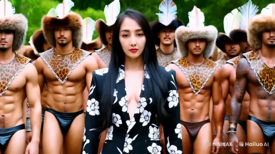 Stylish Tribesmen and a Confident Woman in a Fashionable Parade – AI Generated Video | Hailuo AI