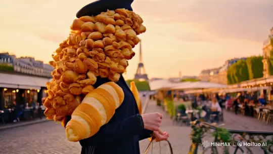Stylish Parisian Woman with Croissant Hair and Baguette Arms – AI Generated Video | Hailuo AI