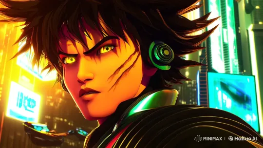 Cyberpunk Warrior: Aesthetic Close-Up in Futuristic City – AI Generated Video | Hailuo AI