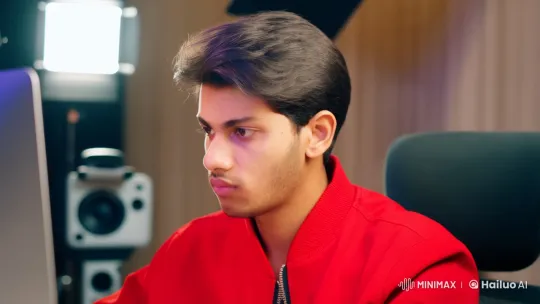 Young Man Focused on Computer in YouTube Studio – AI Generated Video | Hailuo AI
