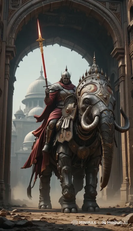 Futuristic Warrior Advances on Armored Elephant Amid Stormy Skies – AI Generated Video | Hailuo AI