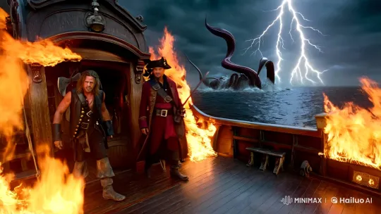 Dramatic Pirate Battle Amidst Storm and Flames – AI Generated Video | Hailuo AI