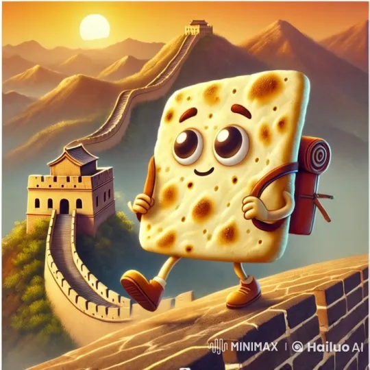 Cheerful Cracker Character Hikes the Great Wall at Sunset – AI Generated Video | Hailuo AI