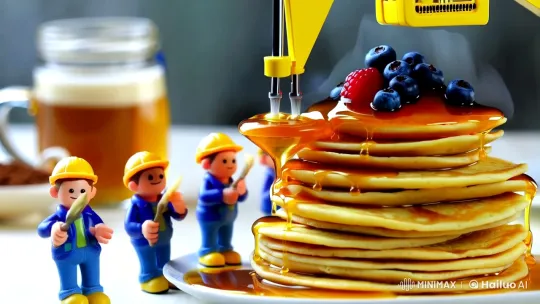 Animated Construction Crew Builds Pancake Tower with Syrup Artistry – AI Generated Video | Hailuo AI