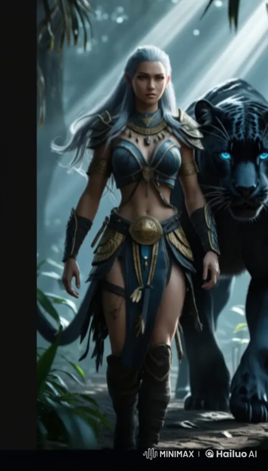Silver-Haired Warrior Battles with Black Panther in Mystical Jungle – AI Generated Video | Hailuo AI