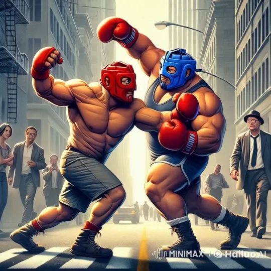 Two Giants Engage in Street Wrestling Match – AI Generated Video | Hailuo AI