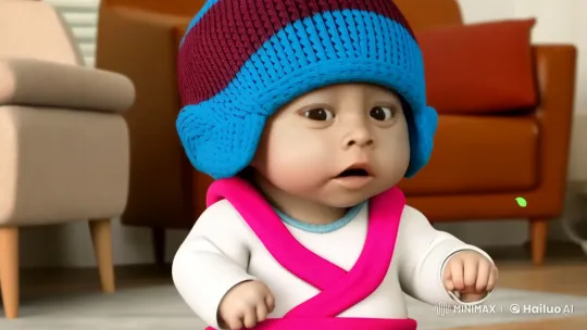 Baby in Striped Hat Surprisingly Kicks Balloon – AI Generated Video | Hailuo AI