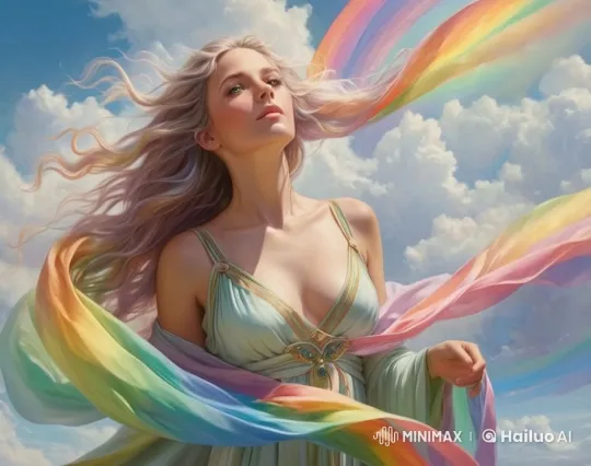 Dreamy Woman in Pastel Gown Amidst Clouds – AI Generated Video | Hailuo AI